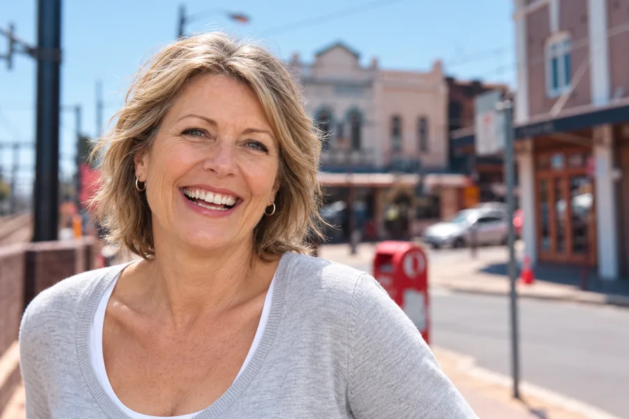 Smiling Australian woman over 50 on a sunny street in a Sydney suburb